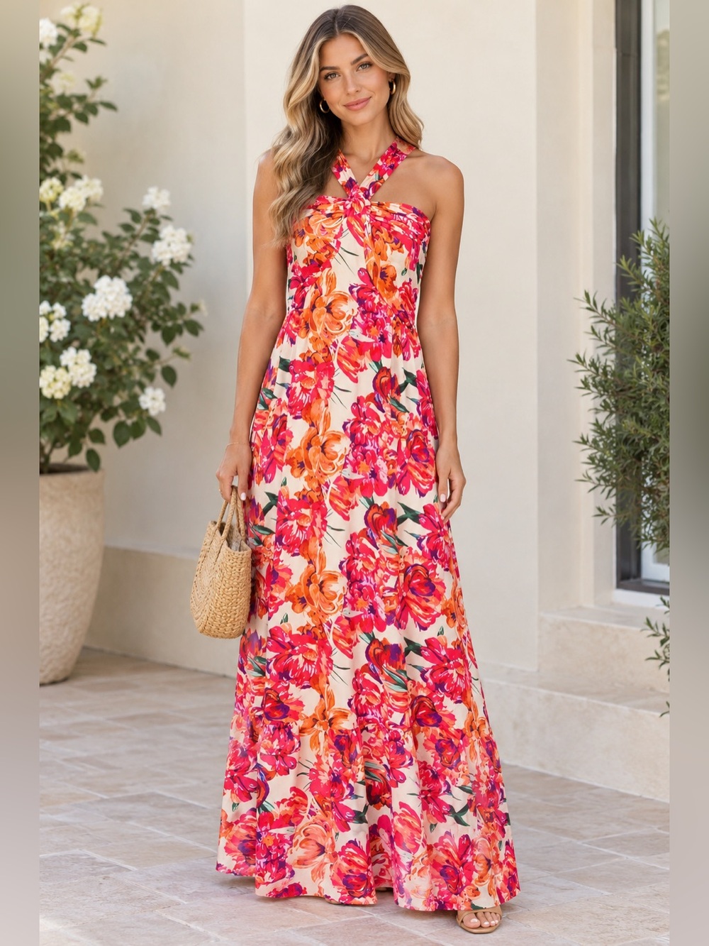 Grace Karin Pink & Orange Floral Halter Maxi Dress